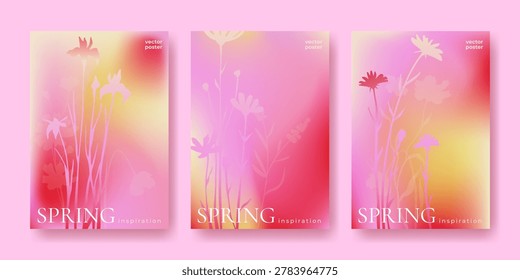 Spring posters set with pastel gradient and flower silhouette on pink background. Vector illustration of botanical elements, abstract yellow watercolor gradation, beautiful floral inspiration banner