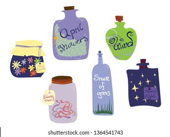 Spring potions set number one, season's components; vector illustration