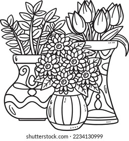 Spring Potted Flowers Isolated Coloring Page 