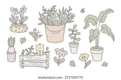 Frühlingspflanzen. Handgezeichnetes Pastell-Doodle-Set. Isolierte, gedämpfte botanische Kollektion für gemütliche Innendekoration. Vektorgrafik. Keine AI