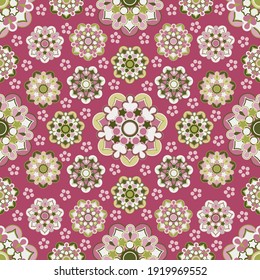 Spring pretty flowers cute floral ornament mandala flower seamless vector pattern design on a pink background. Print fabrics. 
