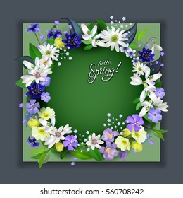 spring  primroses 3D card with space for text in a round frame. spring background flowers svg