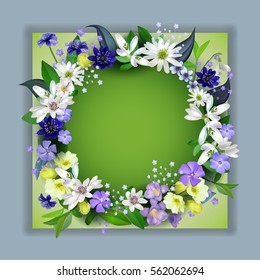 spring  primroses 3D card with space for text in a round frame. spring background flowers svg