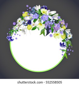 spring primroses card with space for text in a round frame. spring background flowers
