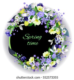 spring primroses card with space for text in a round frame. spring background flowers