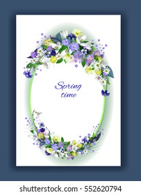 spring primroses card with space for text in a oval frame. spring background flowers