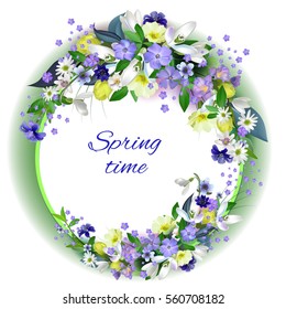 spring primroses card with space for text in a round frame. spring background flowers