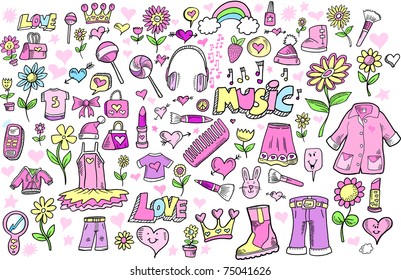 Spring Princess Girlie Doodle Sketch Color Vector Illustration Set