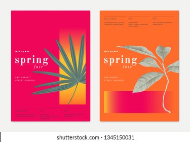 Spring print ad/ poster/ banner template design, tropical leaves, vibrant pink and orange theme