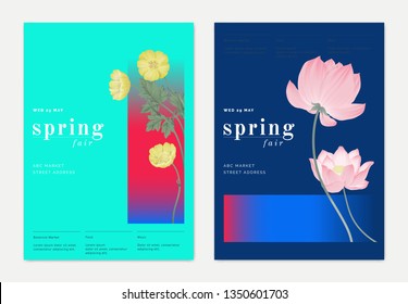Spring print ad/ poster/ banner template design, yellow creeping buttercup flowers and pink lotus flowers, vibrant cyan and blue theme