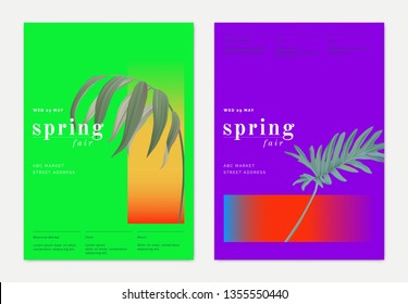 Spring print ad/ poster/ banner template design, bamboo palm and Philodendron bipinnatifidum, vibrant green and purple theme