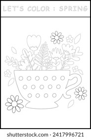 Página de coloreado de hoja de cálculo imprimible de primavera en la ilustración de esquema en blanco y negro. Color y libro de dibujo para las habilidades de los niños