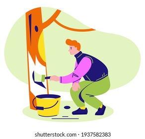Spring processing of garden trees. A man whitewashes trees from diseases and insect pests. Vector illustration in flat style.