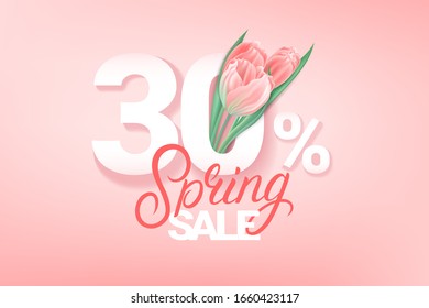 Spring promotion sale banner template. 50 percent discount special offer card. Pink tulips flowers and hand written lettering. Realistic style. Vector illustration.