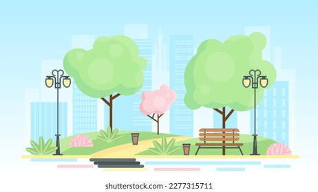 Ilustración vectorial del parque de la ciudad pública de primavera. Caricatura del paisaje urbano del jardín del pueblo con banco en la pasarela, árbol verde y césped, flores de sakura y farolas en el paisaje urbano del centro