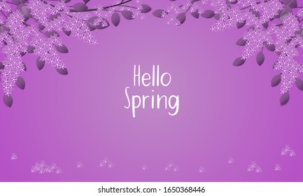 Spring purple background with flower ad leaf. Paper style