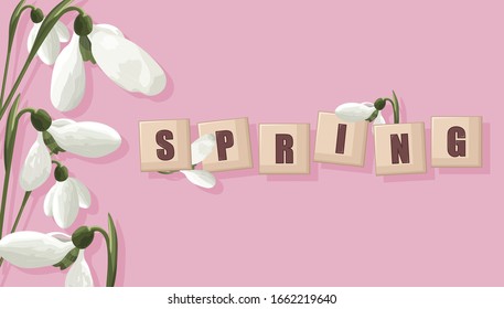 Spring purple banner with white snowdrops
