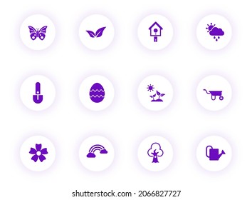 violette Frühlingsfarbensymbole auf hellrunden Tasten mit violettem Schatten. Feder-Icon-Set für Web, Mobile Apps, i-Design und Druck