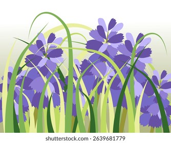 Spring purple flowers among the grass in flat design style. Gentle spring color palette. EPS 10.