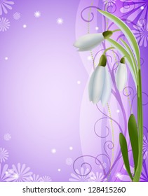 Spring purple greeting card with snowdrops, vector