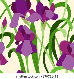 Spring purple irises seamless pattern