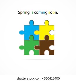 Spring puzzle of brown, green, blue and yellow colors.