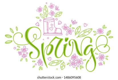 Spring - quote. Spring season party handdrawn lettering logo phrase on white background. Vector calligraphy illustration. Seasonal celebration. Lettering typography. Card, print, smm design element