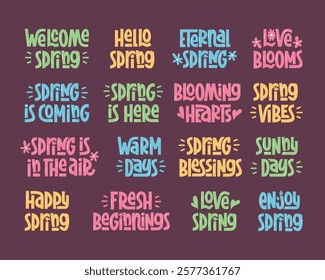 Spring Quotes Collection. Vector Hand Lettering of Phrases Hello Spring, Warm Sunny Days, Love Blooms, Blooming Hearts.