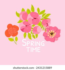 Citas de primavera. Diseño de estampados dibujados a mano en primavera floral. Frases positivas para pegatinas, postales o carteles
