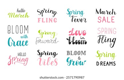 Spring quotes hand drawn calligraphy lettering set. Springtime phrases in pink green blue script. Decoration elements for banner posters covers card. Hello March, bloom with grace and other