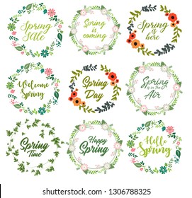 Spring quotes set with floral wreath Spring quotes set with floral wreath