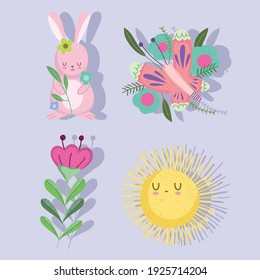 spring rabbit butterfly sun flowers nature icon set vector illustration
