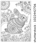 Spring rabbit coloring page for adult and children. Easter background with creative cute bunny.  Black and white vector illustration.