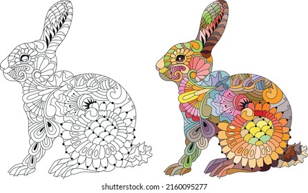 Spring rabbit coloring page for adult and children. Color and outline set