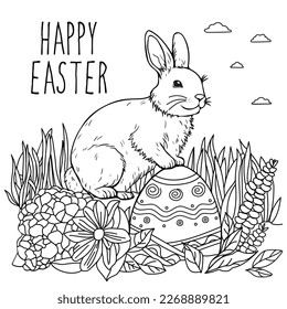 Spring rabbit coloring page for adult and children.Easter background with cute bunny and egg. Black and white vector illustration.