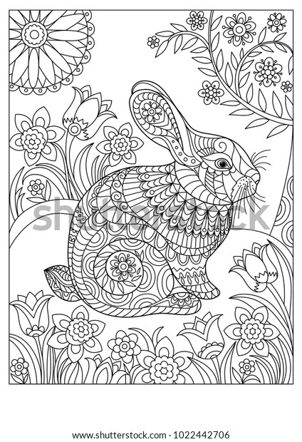 spring rabbit coloring page adult children stock vector