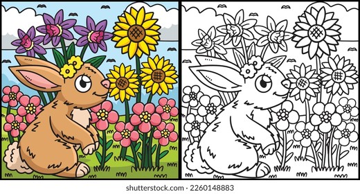 Ilustración de color de conejo de primavera y flores