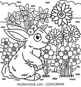 Página de color de conejo de primavera y flores para niños