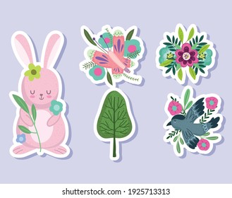 flor de conejo primavera árbol de aves mariposa pegatinas set ilustración vectorial