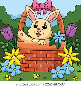 Spring Rabbit Inside the Basket Colored Cartoon 