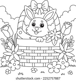 Spring Rabbit Inside the Basket Coloring Page 