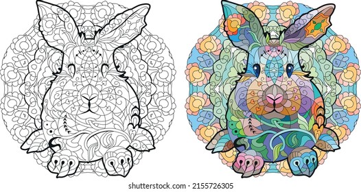 Spring rabbit on mandala. Coloring page for adult and children. Color and outline set