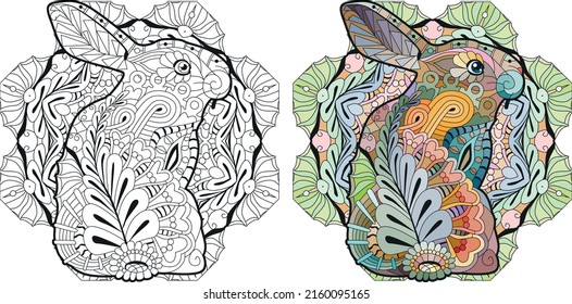 Spring rabbit on mandala. Coloring page for adult and children. Color and outline set