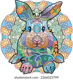 Conejo de primavera en mandala para la decoración. Ilustración vectorial colorida.