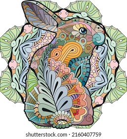 Spring rabbit on mandala. Easter background with creative cute bunny. Colorful vector illustration.