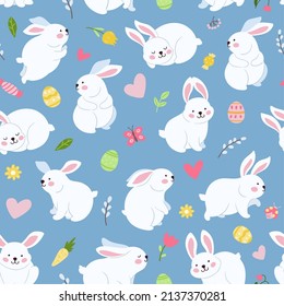 Patrón de conejo primaveral sin soldadura. Pequeño de Pascua, conejito divertido, decoración de conejitos de dibujos animados. Animales, flores, corazones y huevos de color, fondo vectorial neoterino