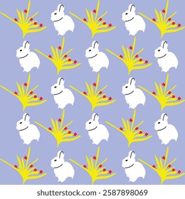 Spring rabbit seamless pattern Easter toddler funny bunny cartoon bunnies decorations Cute animals flowers hearts and color eggs neoteric vector background