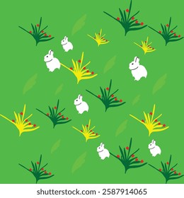 Spring rabbit seamless pattern Easter toddler funny bunny cartoon bunnies decorations Cute animals flowers 