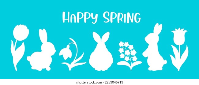 Spring rabbit silhouettes. Happy spring text. Cute bunny in spring flowers - tulip, daffodil, crocus blossoms. Floral and spring animals cut shapes. For cut file, Easter greeting card design, banner. 