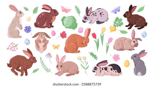 Spring rabbits. Easter bunnies with flowers and vegetables, eared cute fluffy domestic bunnies flat vector illustration set. Cartoon spring holiday rabbits on white